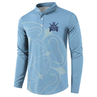 Light blue long-sleeve henley sweatshirt with Viking logo near upper chest