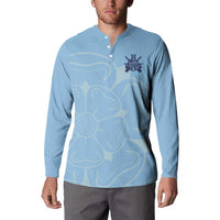 Light blue henley button sweatshirt with Viking logo on chest, worn by model