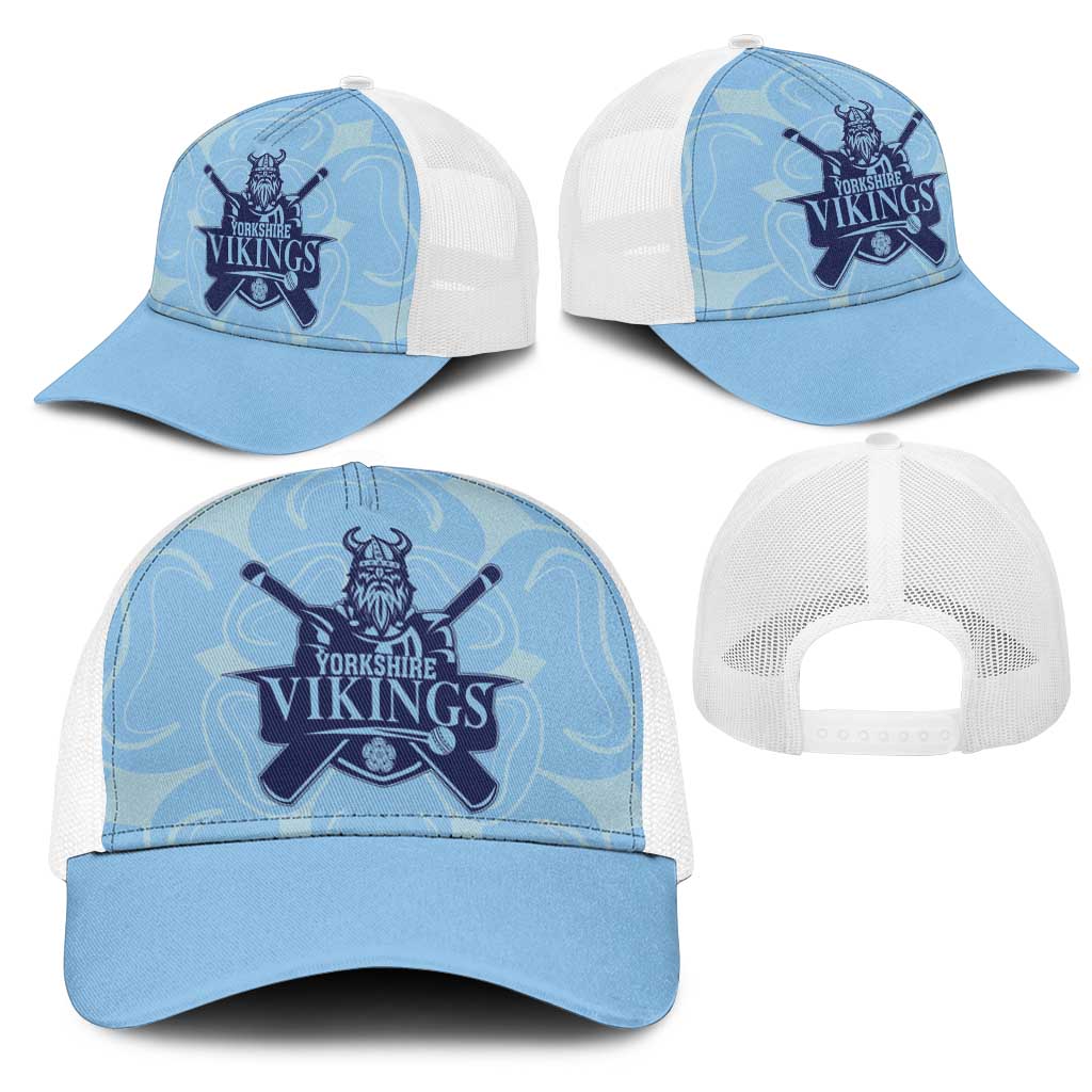 Yorkshire Vikings Cricket Mesh Trucker Cap White Rose of York Blue Version - Wonder Print Shop