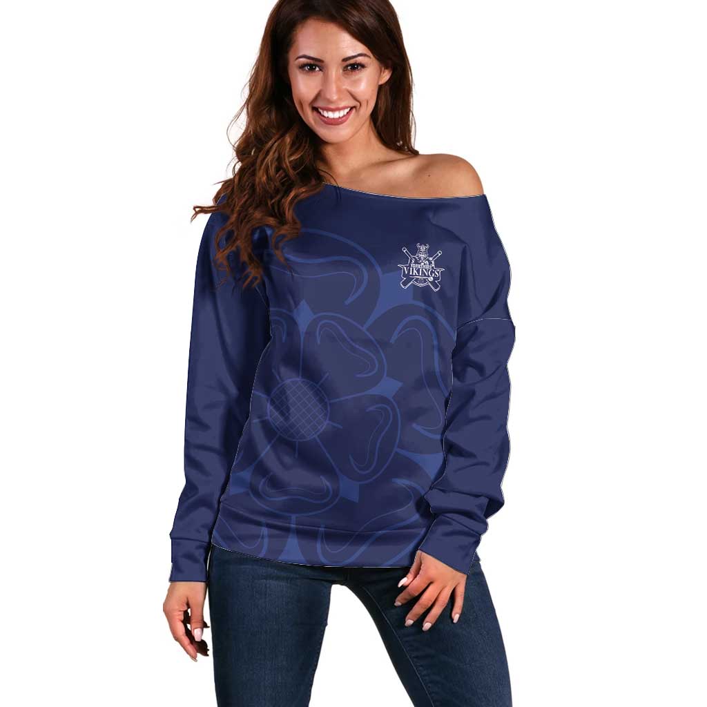 Custom Yorkshire Viking Spirit Off Shoulder Sweater White Rose of York Navy Version - Wonder Print Shop