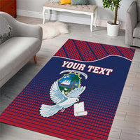 Personalized Liberia area rug with blue center, red border, dove-and-scroll crest and “YOUR TEXT”