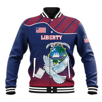 Blue baseball jacket with red grid panel, striped collar, and white dove coat-of-arms front