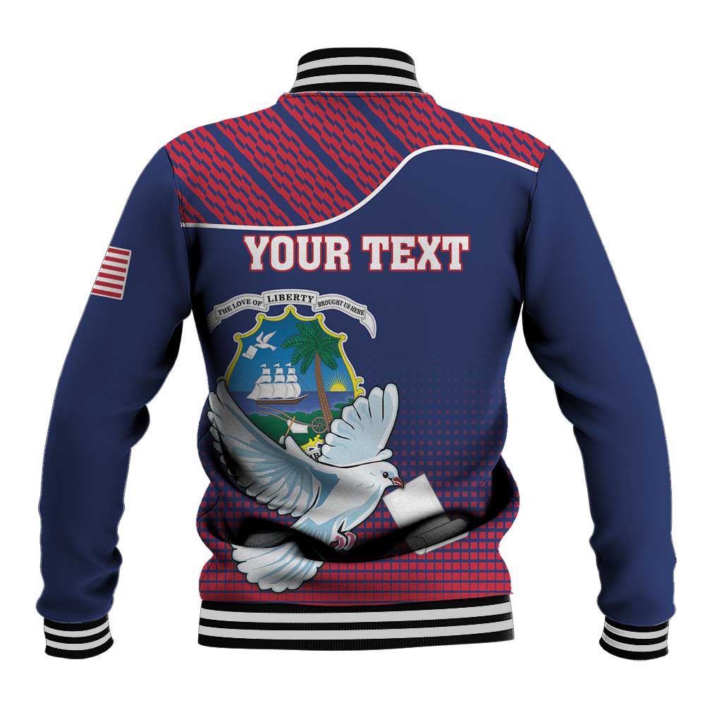 Blue baseball jacket back with YOUR TEXT, striped collar, and white dove coat-of-arms graphic