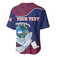 Blue baseball jersey back with YOUR TEXT, dove graphic, and Liberia shield