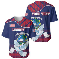 Blue baseball jersey with Liberia coat of arms, dove graphic, and flag patch