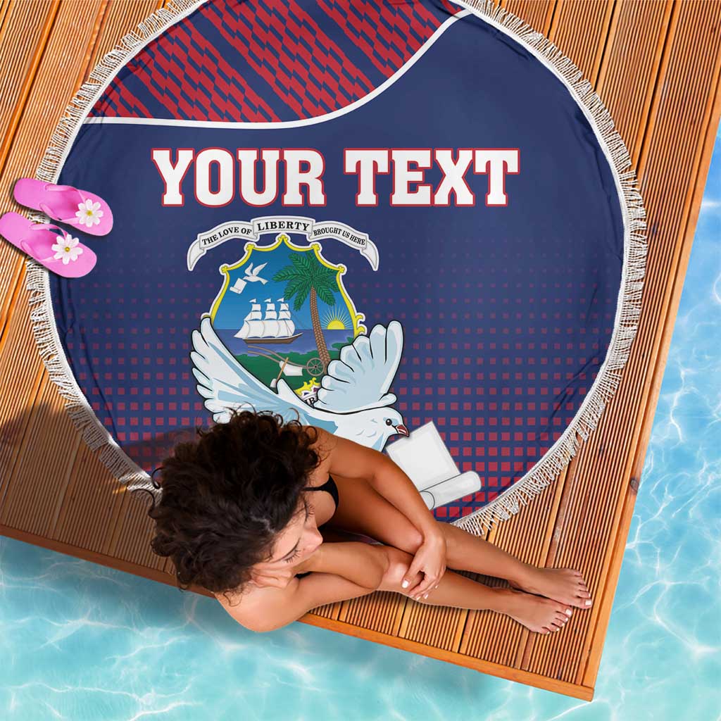 Round beach blanket with dove crest graphic and white fringed edge, shown with reclining person