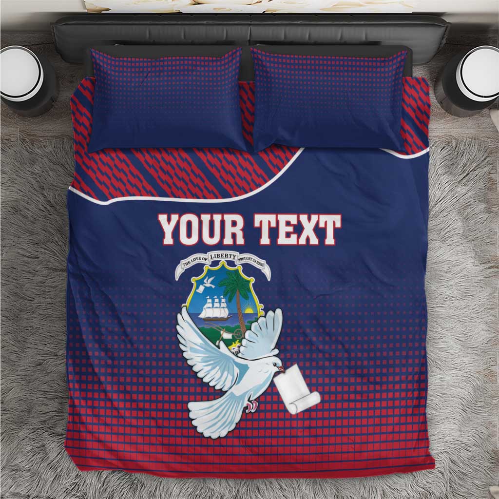 Blue and red Liberia crest bedding set with white dove and “YOUR TEXT” design, pillowcases.