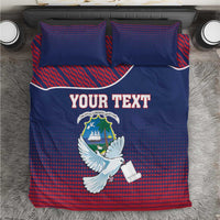 Blue and red Liberia crest bedding set with white dove and “YOUR TEXT” design, pillowcases.