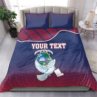 Blue and red patterned duvet set with Liberia crest, white dove, and “YOUR TEXT” text, 2 pillows.