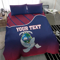 Blue and red duvet bedding set featuring Liberia crest emblem, white dove, and “YOUR TEXT” lettering.