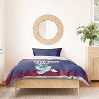 Blue and red duvet cover with Liberia coat of arms, white dove, and “YOUR TEXT” design.