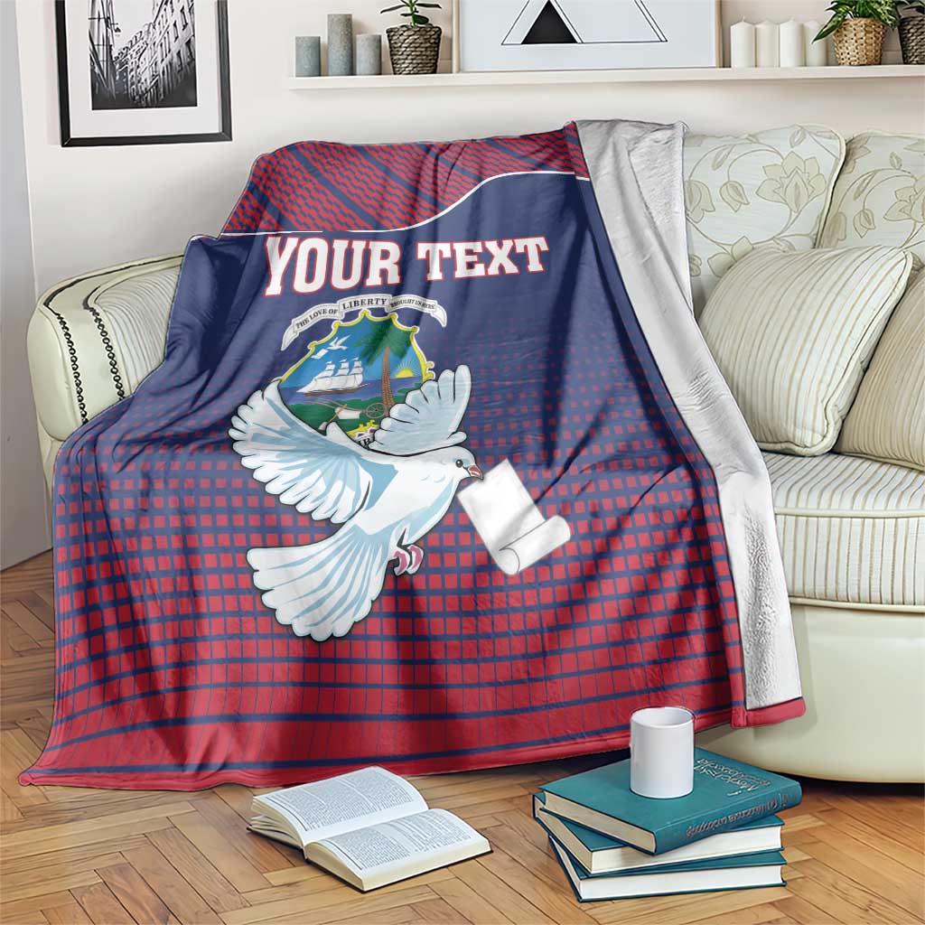 Personalized Liberia throw blanket with dove, coat of arms, red-blue pattern, “YOUR TEXT”