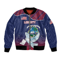Blue satin bomber jacket with front zipper, Liberty text, dove graphic, and flag patches
