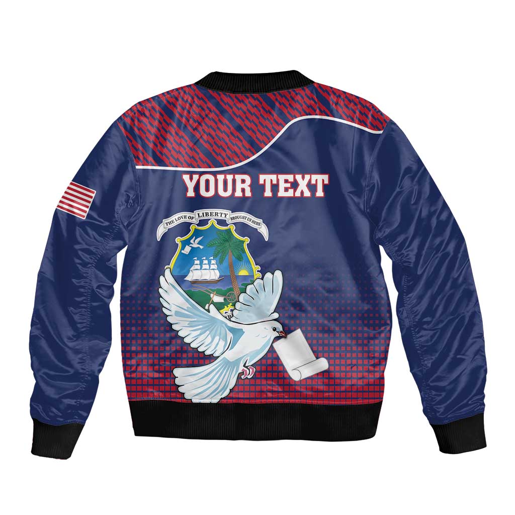 Blue satin bomber jacket with back graphic, white dove holding scroll, Your Text, ribbed hem
