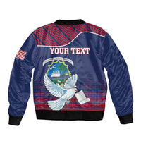 Blue satin bomber jacket with back graphic, white dove holding scroll, Your Text, ribbed hem