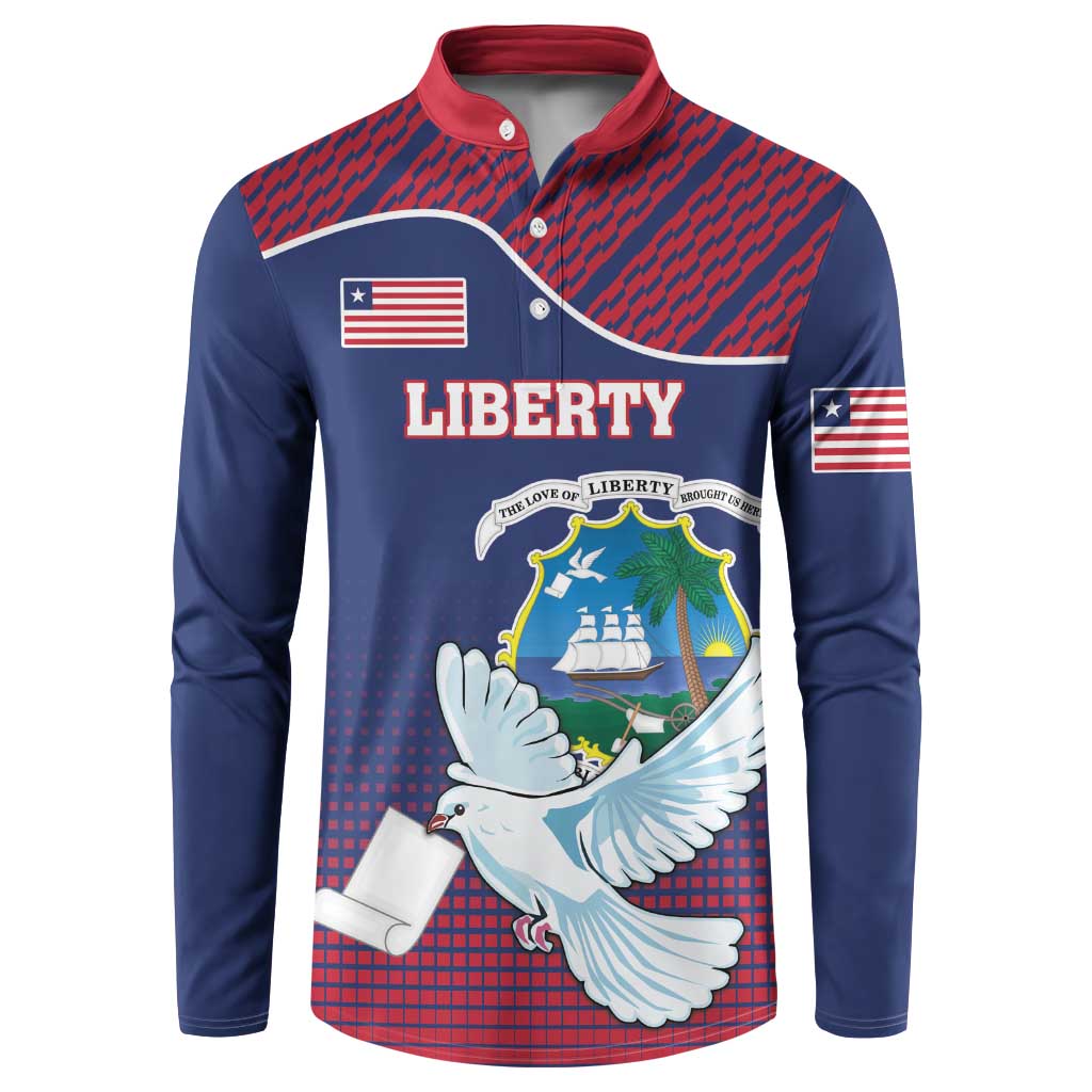 Men's navy long-sleeve button sweatshirt with Liberia crest and dove graphic