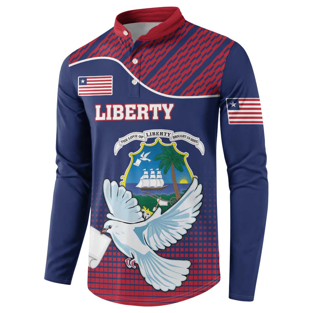 Navy button sweatshirt with red-blue pattern, Liberia crest, and dove