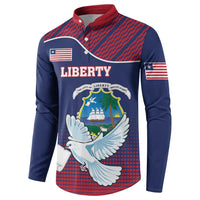 Navy button sweatshirt with red-blue pattern, Liberia crest, and dove