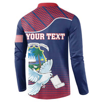 Navy button sweatshirt back with 'YOUR TEXT' and Liberia crest plus dove