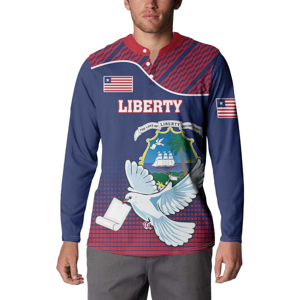 Men's navy button sweatshirt with red collar, 'LIBERTY' text, dove and crest
