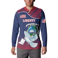 Men's navy button sweatshirt with red collar, 'LIBERTY' text, dove and crest