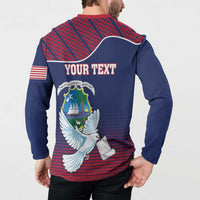 Men's navy button sweatshirt back with 'YOUR TEXT' and dove over Liberia crest