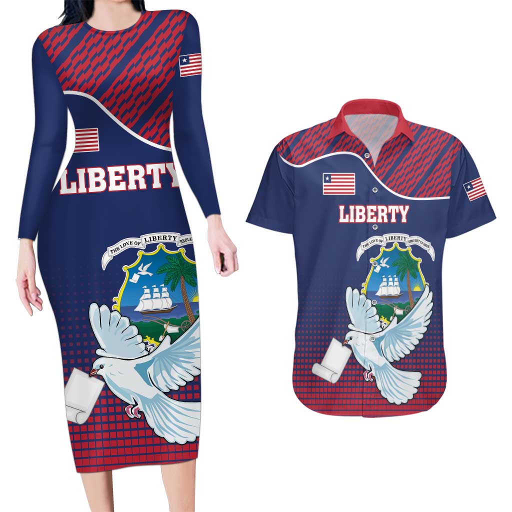 Personalized Liberia White Dove With A Scroll Couples Matching Long Sleeve Bodycon Dress and Hawaiian Shirt Coat Of Arms - Wonder Print Shop