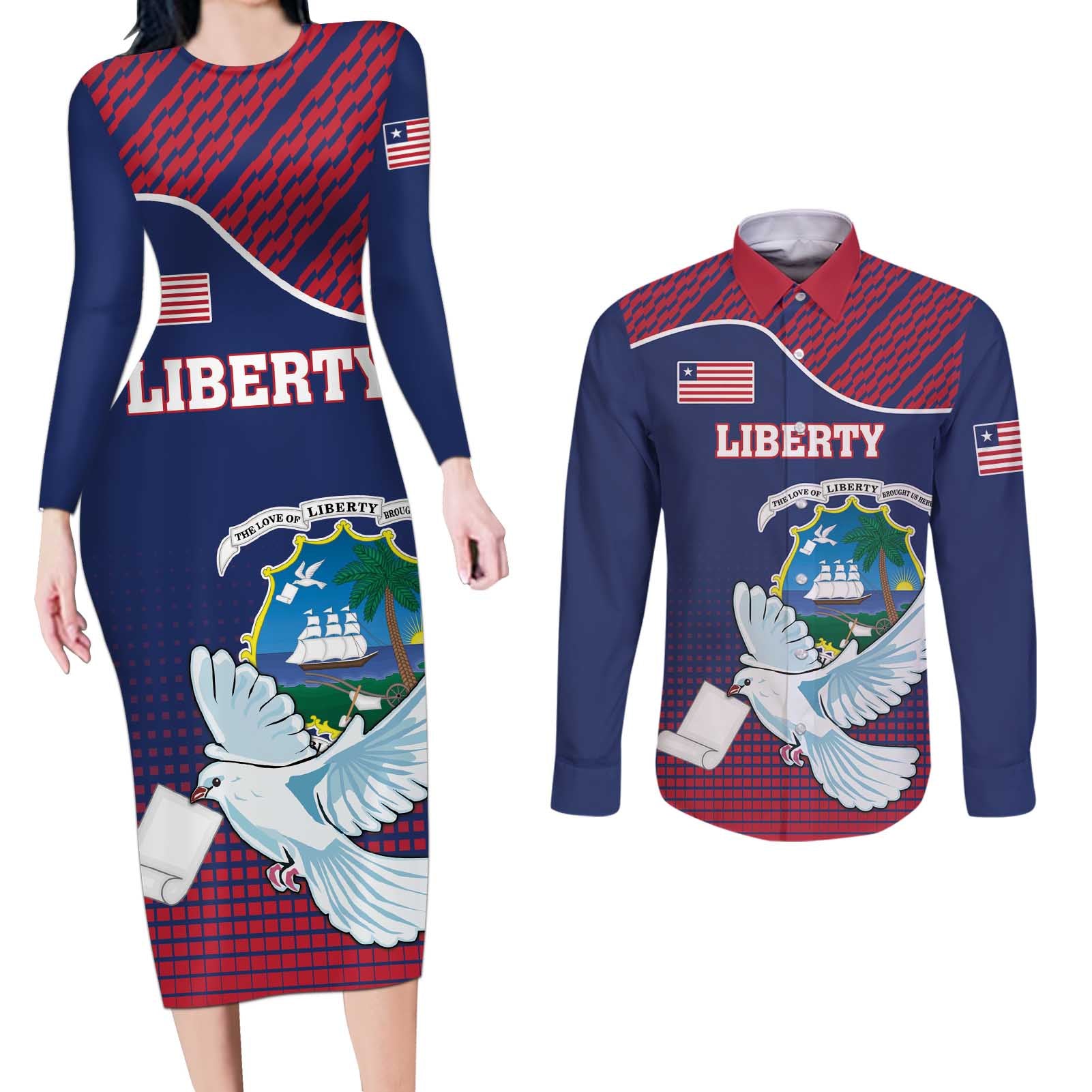 Personalized Liberia White Dove With A Scroll Couples Matching Long Sleeve Bodycon Dress and Long Sleeve Button Shirt Coat Of Arms - Wonder Print Shop