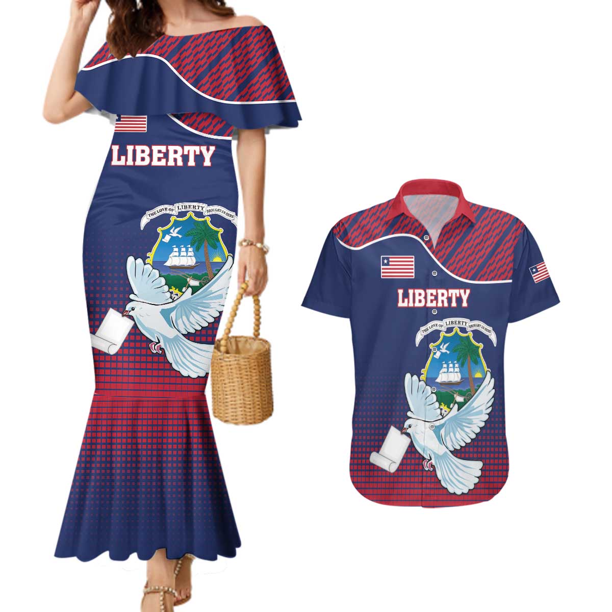 Personalized Liberia White Dove With A Scroll Couples Matching Mermaid Dress and Hawaiian Shirt Coat Of Arms - Wonder Print Shop