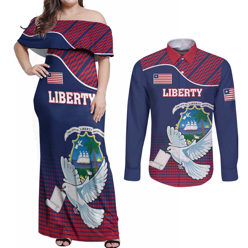 Personalized Liberia White Dove With A Scroll Couples Matching Off Shoulder Maxi Dress and Long Sleeve Button Shirt Coat Of Arms - Wonder Print Shop