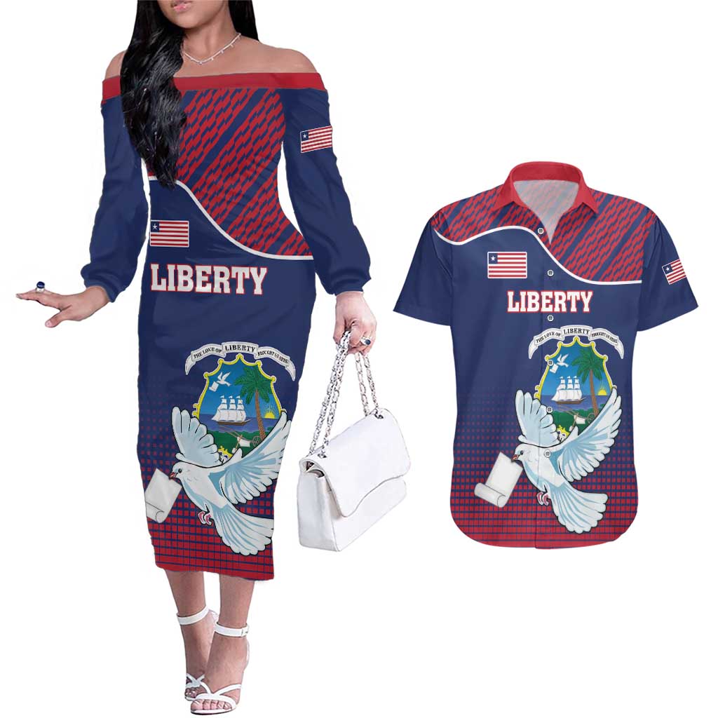 Personalized Liberia White Dove With A Scroll Couples Matching Off The Shoulder Long Sleeve Dress and Hawaiian Shirt Coat Of Arms - Wonder Print Shop