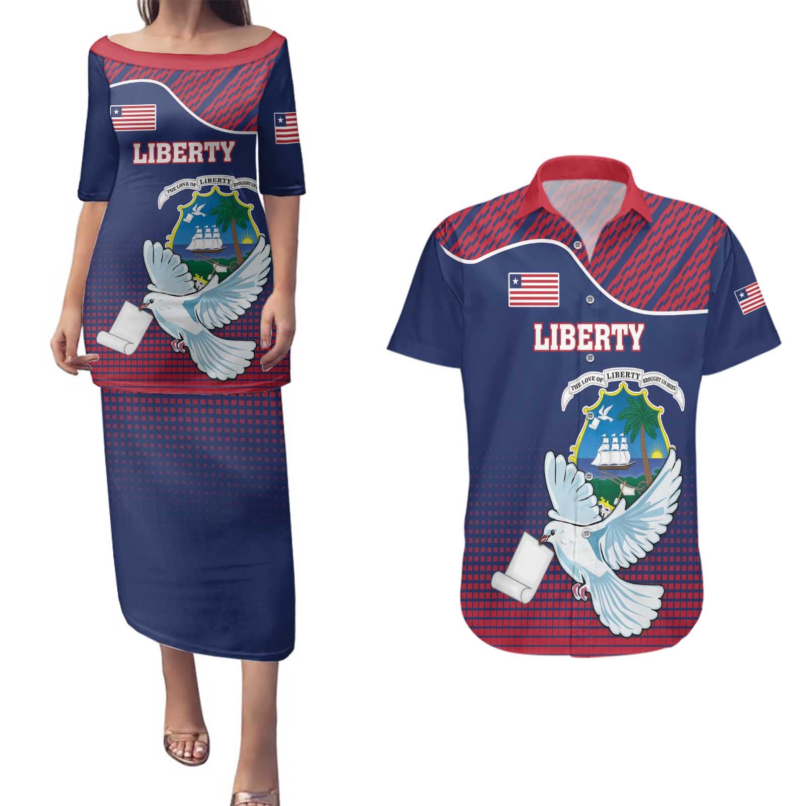 Personalized Liberia White Dove With A Scroll Couples Matching Puletasi and Hawaiian Shirt Coat Of Arms - Wonder Print Shop