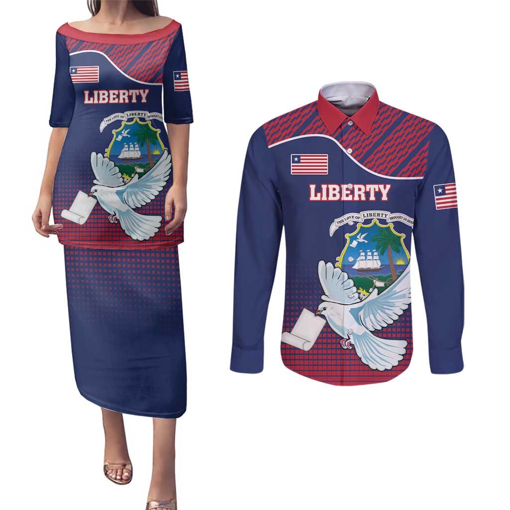 Personalized Liberia White Dove With A Scroll Couples Matching Puletasi and Long Sleeve Button Shirt Coat Of Arms - Wonder Print Shop