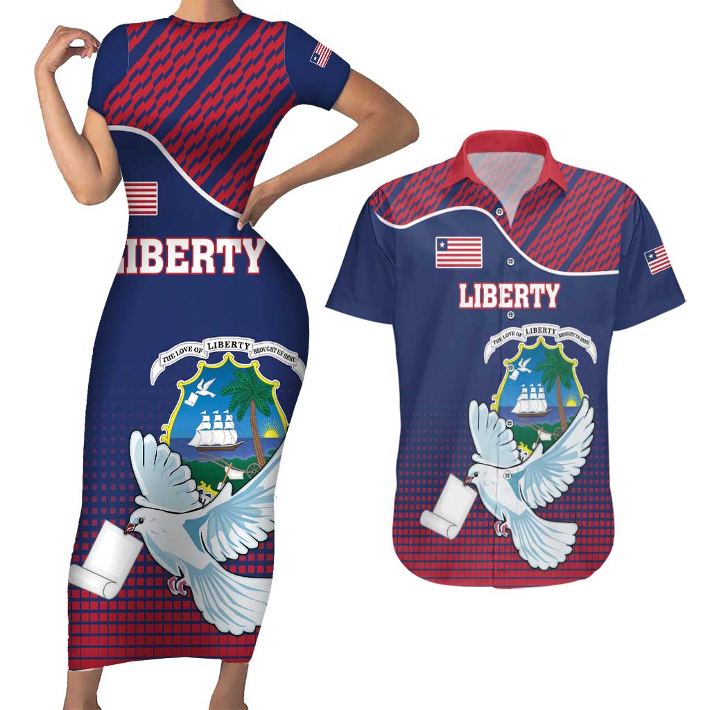 Personalized Liberia White Dove With A Scroll Couples Matching Short Sleeve Bodycon Dress and Hawaiian Shirt Coat Of Arms - Wonder Print Shop