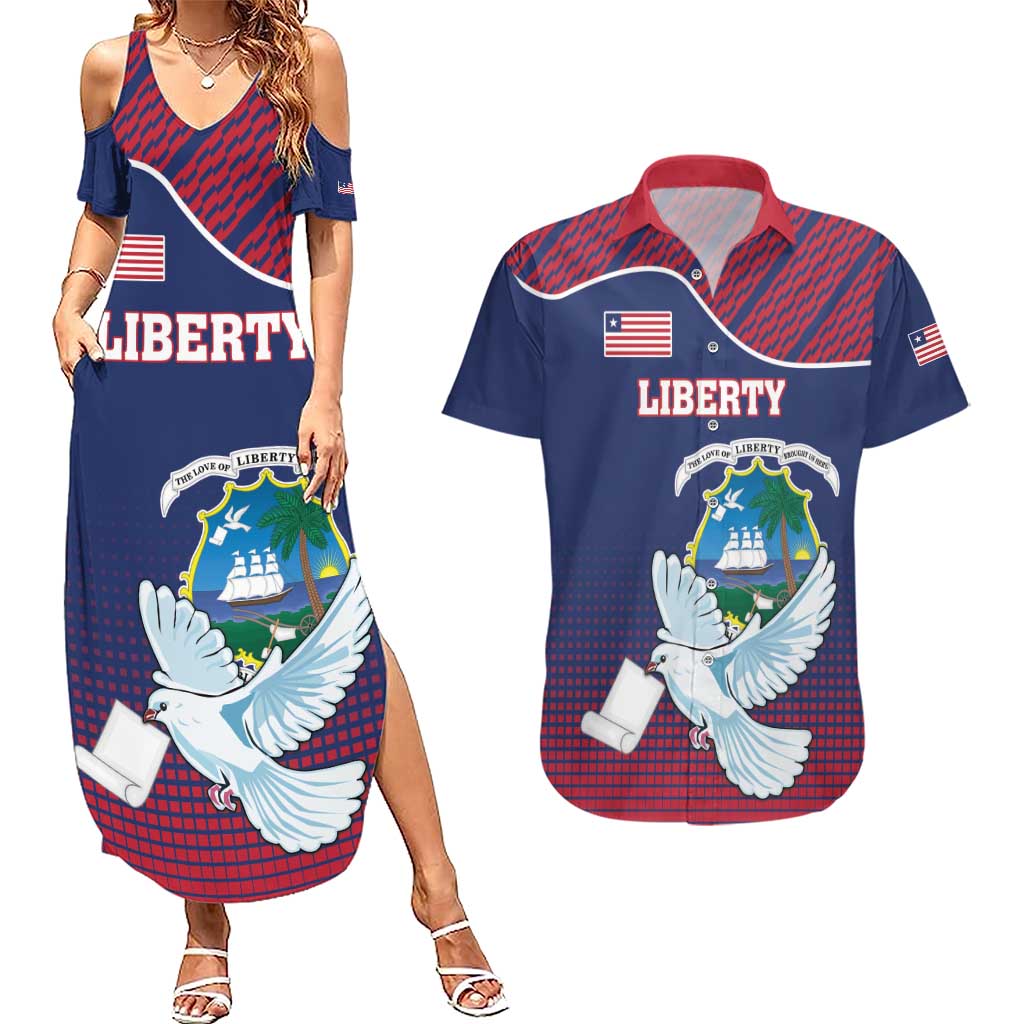 Personalized Liberia White Dove With A Scroll Couples Matching Summer Maxi Dress and Hawaiian Shirt Coat Of Arms - Wonder Print Shop