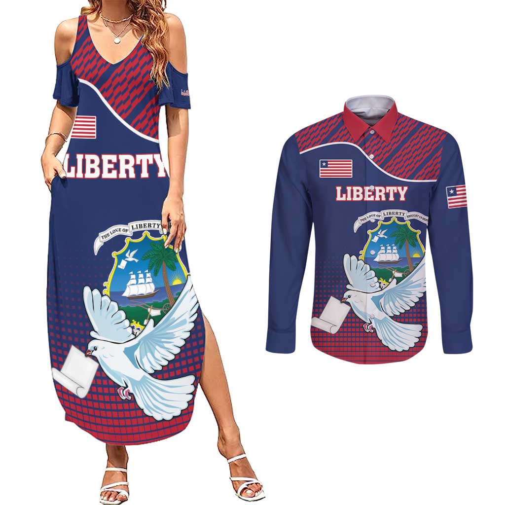 Personalized Liberia White Dove With A Scroll Couples Matching Summer Maxi Dress and Long Sleeve Button Shirt Coat Of Arms - Wonder Print Shop