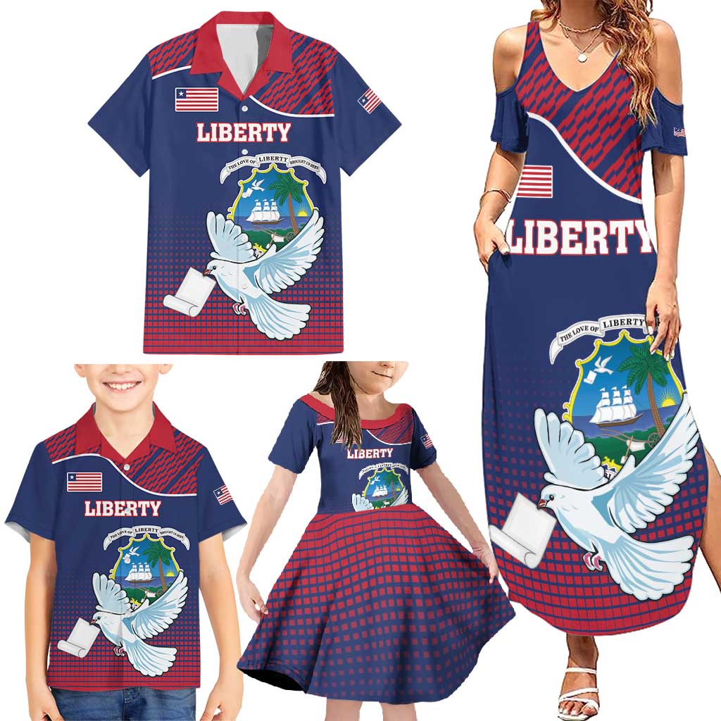 Personalized Liberia White Dove With A Scroll Family Matching Summer Maxi Dress and Hawaiian Shirt Coat Of Arms - Wonder Print Shop