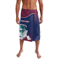 Blue sarong-style wrap skirt with dove/scroll crest and YOUR TEXT on front