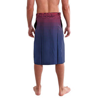 Blue sarong-style wrap skirt with red checkered waistband and vertical pleats, back view