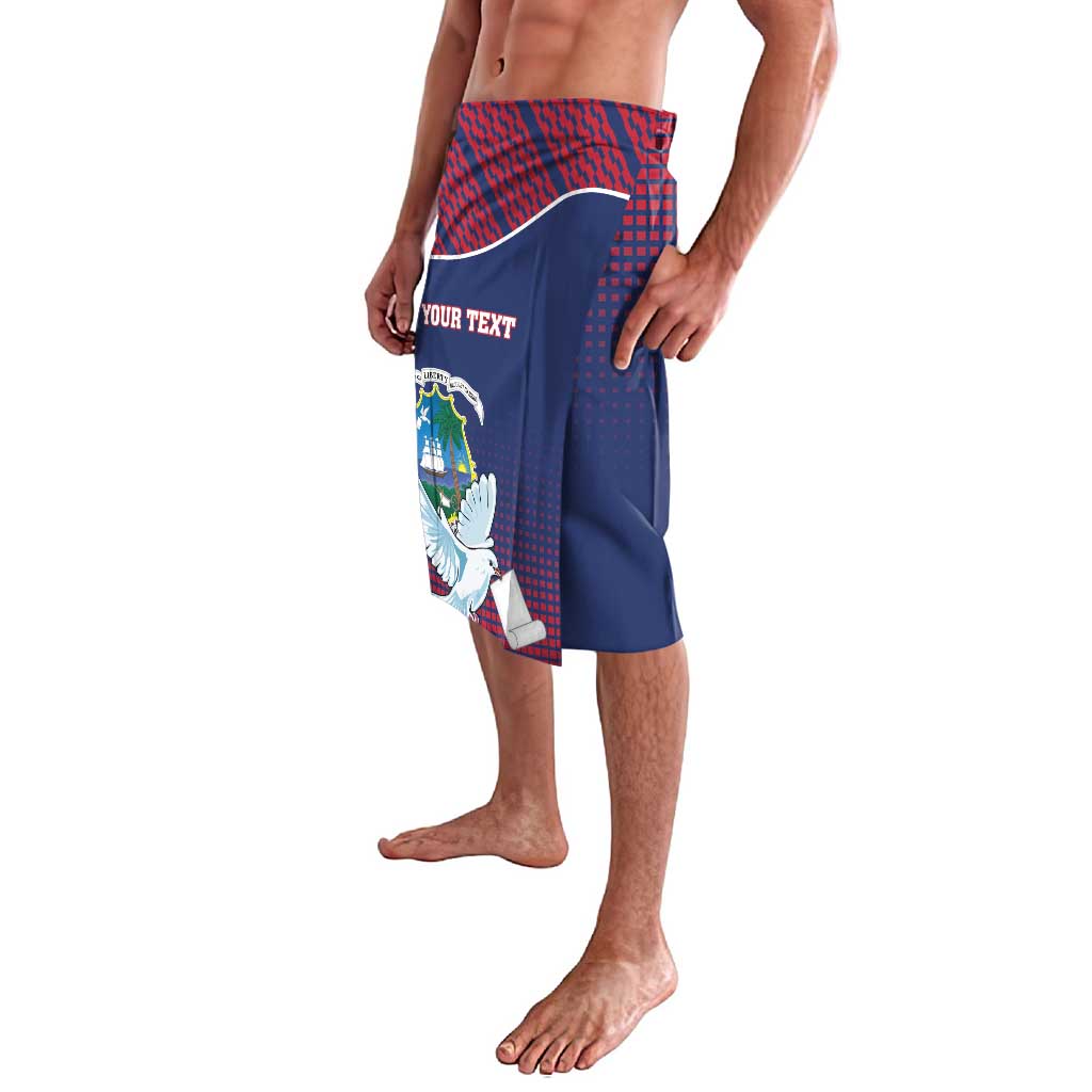 Blue sarong-style wrap skirt with crest graphic and red patterned panel, side view
