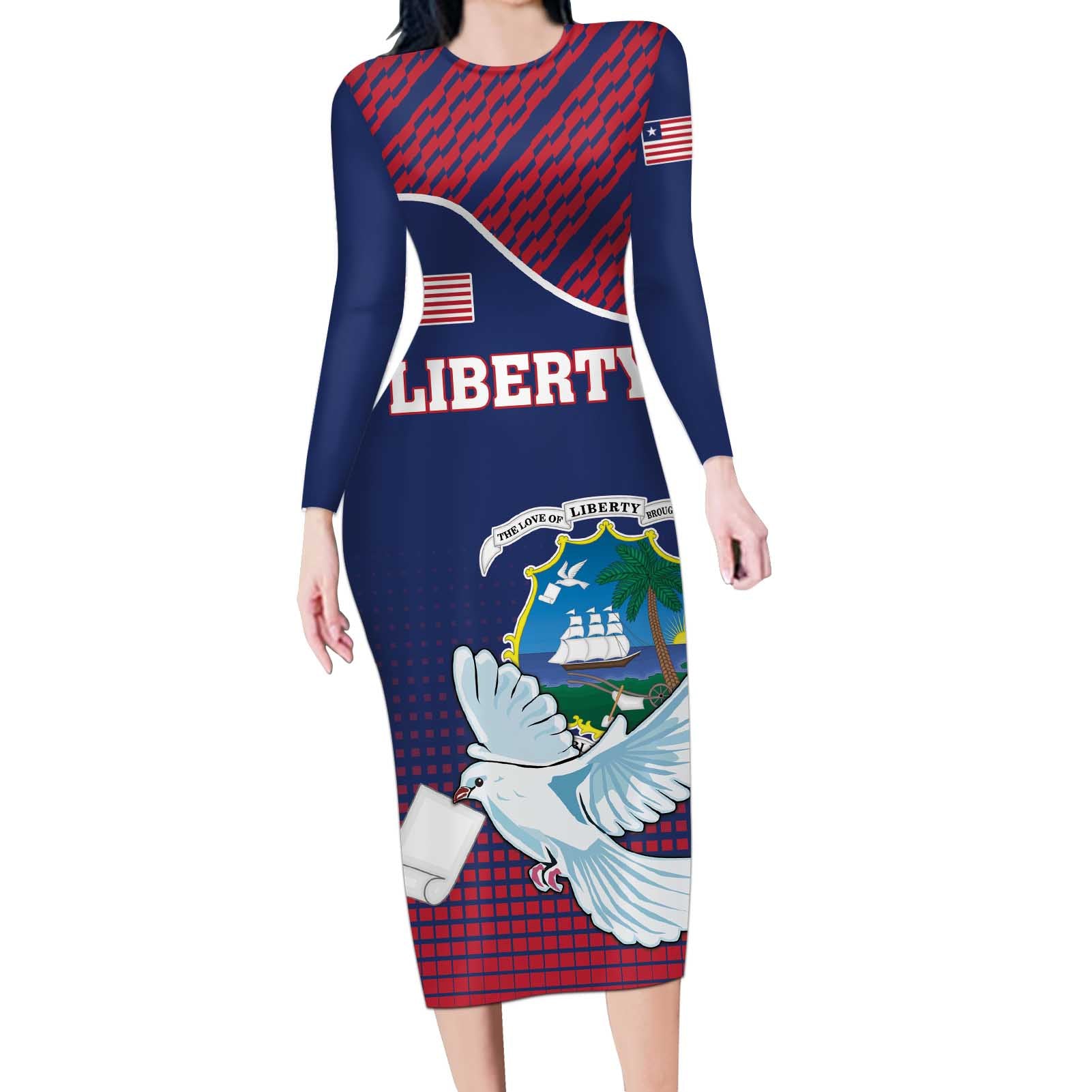 Personalized Liberia White Dove With A Scroll Long Sleeve Bodycon Dress Coat Of Arms - Wonder Print Shop