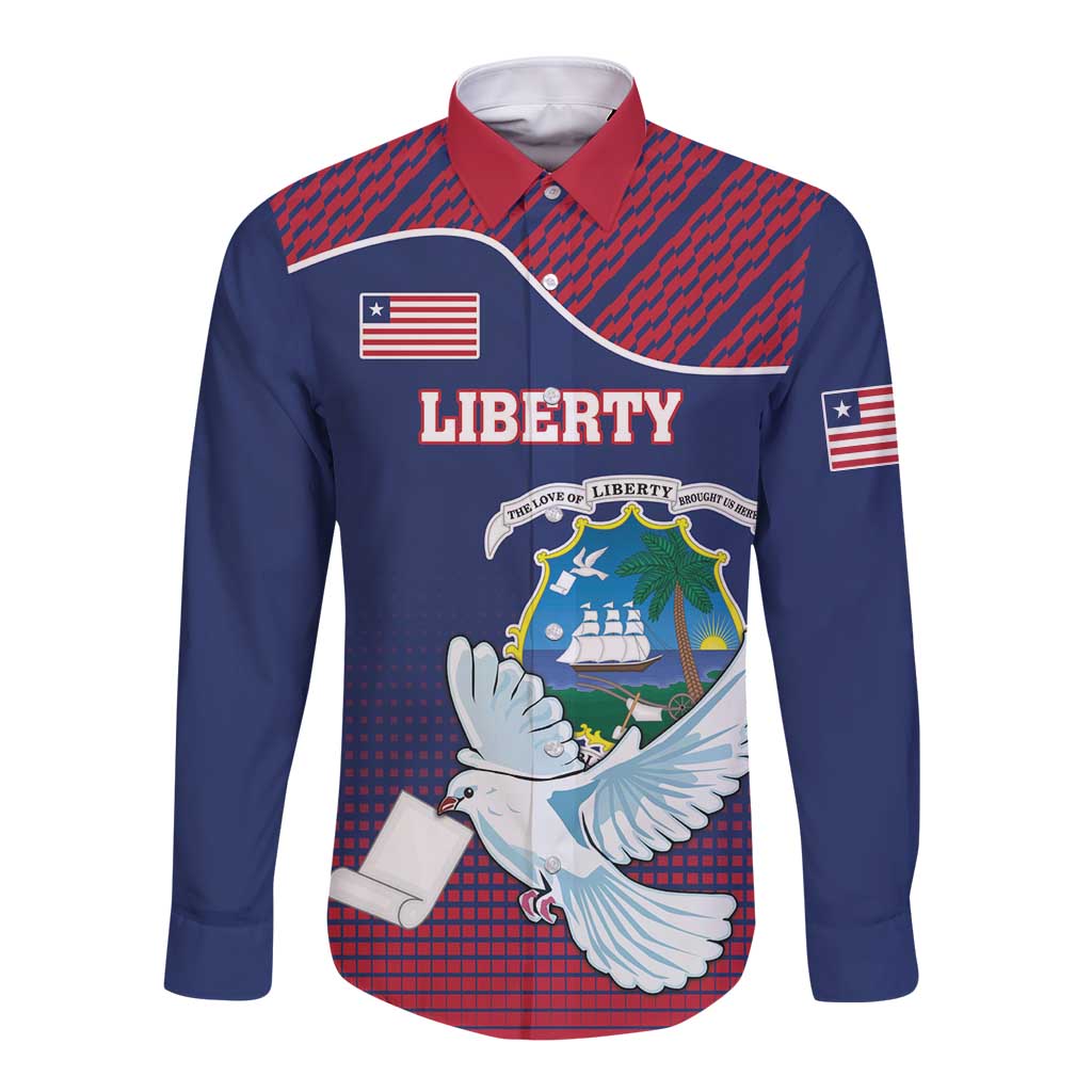 Dark blue long-sleeve button shirt with LIBERTY text, US flag patches, and dove front graphic