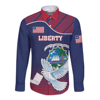 Dark blue long-sleeve button shirt with LIBERTY text, US flag patches, and dove front graphic