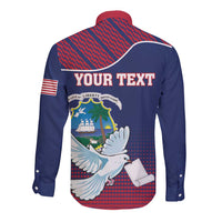 Dark blue long-sleeve button shirt with liberty dove back graphic and red striped yoke