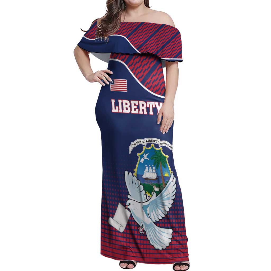 Personalized Liberia White Dove With A Scroll Off Shoulder Maxi Dress Coat Of Arms - Wonder Print Shop