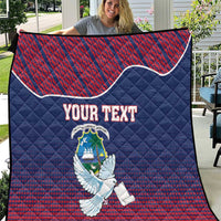 Personalized quilt blanket with Liberia dove and coat of arms, blue and red shown front