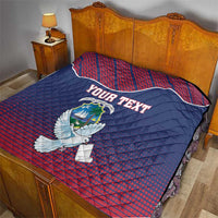 Personalized quilt blanket with Liberia dove and coat of arms, blue and red on bed