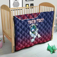 Personalized quilt blanket with Liberia dove and coat of arms, blue and red on crib
