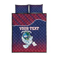 Quilt bed set with two pillow shams, 'YOUR TEXT' and dove-and-crest graphic