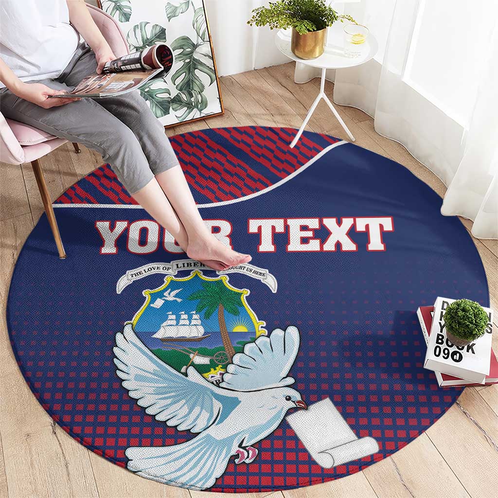 Round blue carpet with red pattern, white dove and coat of arms, YOUR TEXT across center